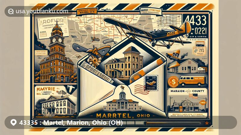 Modern illustration of Martel, Ohio, showcasing vintage aviation-themed envelope with elements like postage stamp, air mail stripe, and postmark of ZIP code 43335, highlighting Warren G. Harding Presidential Sites and Marion County landmarks.