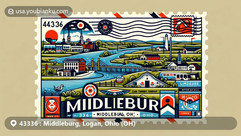Modern illustration of Middleburg, Logan County, Ohio, featuring unique elements of the unincorporated community against Zane Township and Big Darby Creek, presented as a creative postcard with postal theme for ZIP code 43336.