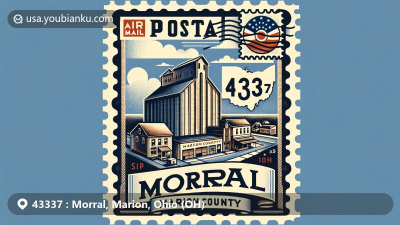 Modern illustration of Morral village, Marion County, Ohio, highlighting postal theme with ZIP code 43337, featuring grain elevator and local cultural elements.