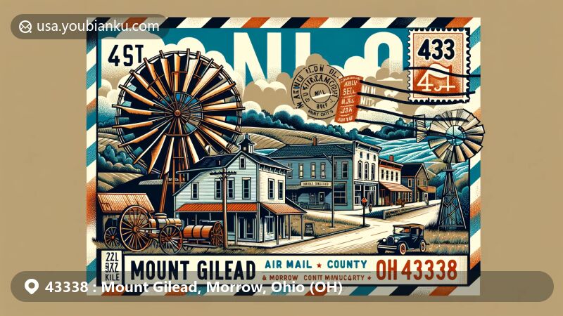 Modern illustration of Mount Gilead, Morrow County, Ohio, featuring postal theme with ZIP code 43338, showcasing local landmarks, historic significance as county seat, early mills, Hydraulic Press Manufacturing Company, and Mid Ohio location.
