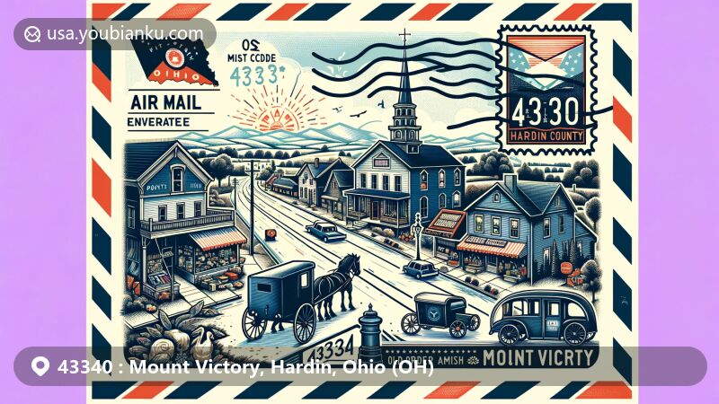 Creative illustration of Mount Victory, Ohio, with air mail envelope themed around ZIP code 43340, featuring historical charm, vintage shops, Amish buggies, and Ohio state symbols.