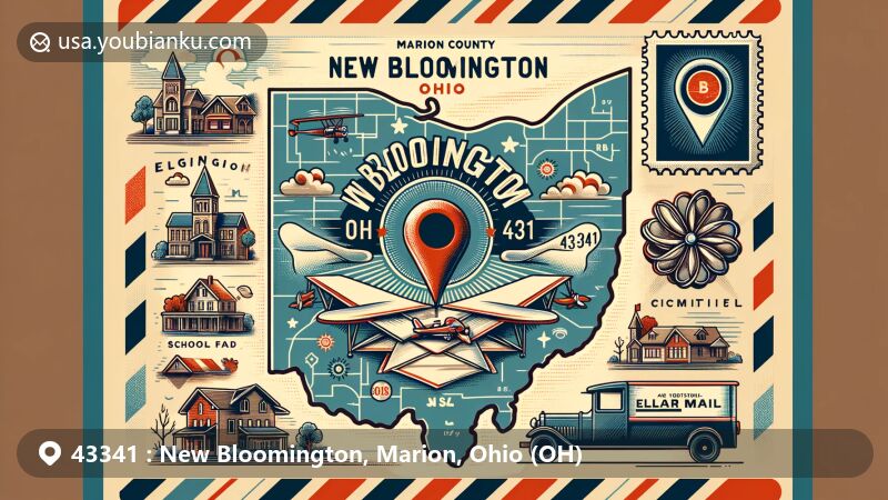 Modern illustration of New Bloomington, Marion County, Ohio, highlighting ZIP code 43341 and blending local characteristics with vintage postal elements, including Marion County outline, Elgin Local School District symbol, and generic village scenes.