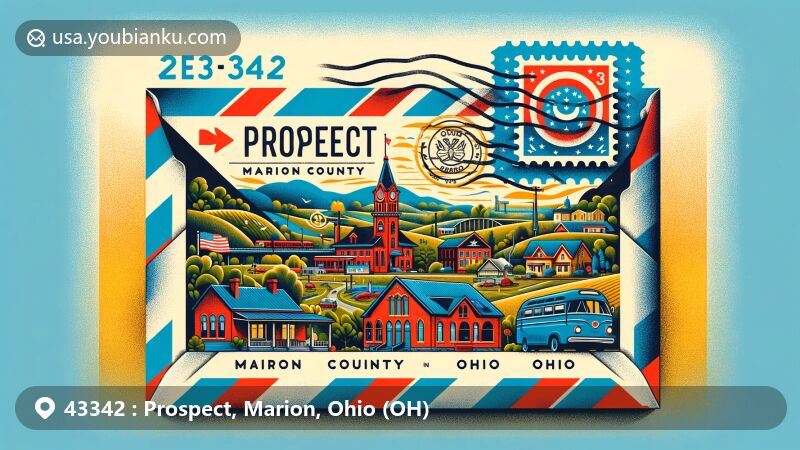 Modern illustration of Prospect, Marion County, Ohio, showcasing local charm with a postal theme, featuring ZIP code 43342, airmail envelope design, and Ohio landmarks.