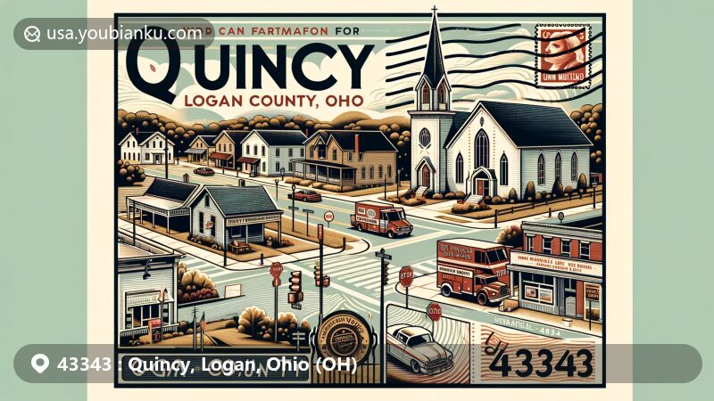 Modern illustration of Quincy, Logan County, Ohio, showcasing village charm with landmarks such as Quincy United Methodist Church, Quincy Miami Fire Station, and traditional main street scenes (bank, post office, town restaurant), complemented by natural beauty of Logan County. Postal elements include vintage postmark, John Quincy Adams-themed stamp, and prominent display of ZIP code 43343, creating a welcoming portrayal of Quincy for 43343 exploration visitors.
