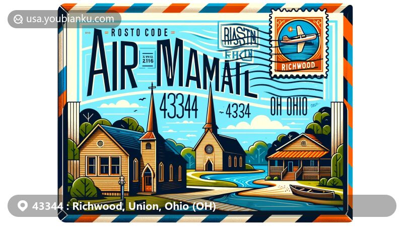 Modern illustration of Richwood, Ohio, featuring a vibrant airmail envelope for ZIP Code 43344 with an open, detailed interior showcasing Richwood's character, history, and natural beauty by Richwood Lake Park.