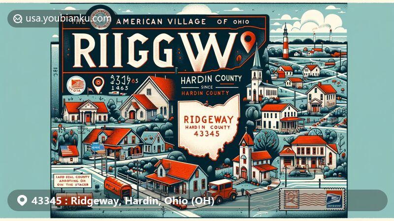 Modern illustration of Ridgeway, Ohio, zipcode 43345, in Hardin County, featuring a blend of postal elements and local landmarks, including a map outline of Ohio with Hardin County highlighted, a vintage postal envelope symbolizing the village's postal history, and key architectural and natural landmarks.