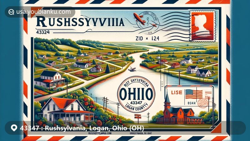 Modern illustration of Rushsylvania, Logan County, Ohio, capturing the tranquil village vibe and countryside charm, framed in an air mail envelope design with postal elements, featuring ZIP code 43347 and Michael Angelo's Pizza.