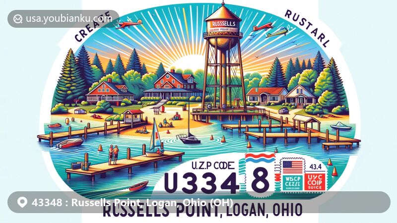 Modern illustration of Russells Point, Logan County, Ohio, featuring Indian Lake and recreational activities like boating, sailing, fishing, and kayaking, with postal theme showcasing ZIP code 43348.