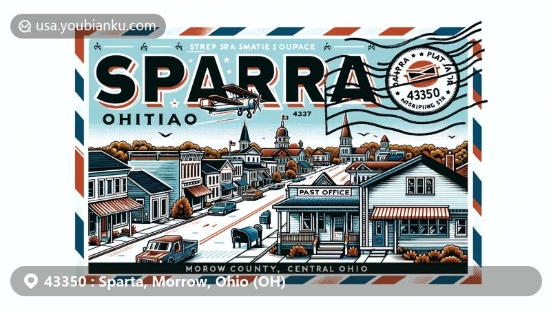 Modern illustration of Sparta, Ohio showcasing Main Street, postal theme with vintage postcard, post office, mailbox, Ohio state flag, and Morrow County outline.