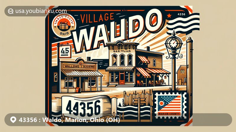 Modern illustration of Waldo, Marion County, Ohio, highlighting ZIP code 43356 and G&R Tavern's fried bologna sandwiches, embracing local flavor and community pride, with hints of Ohio state symbols.