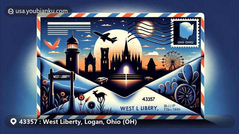 Creative illustration of West Liberty, Ohio, centered around airmail envelope with ZIP code 43357, featuring Piatt Castles and Ohio Caverns, capturing the essence of local landmarks and postal elements.