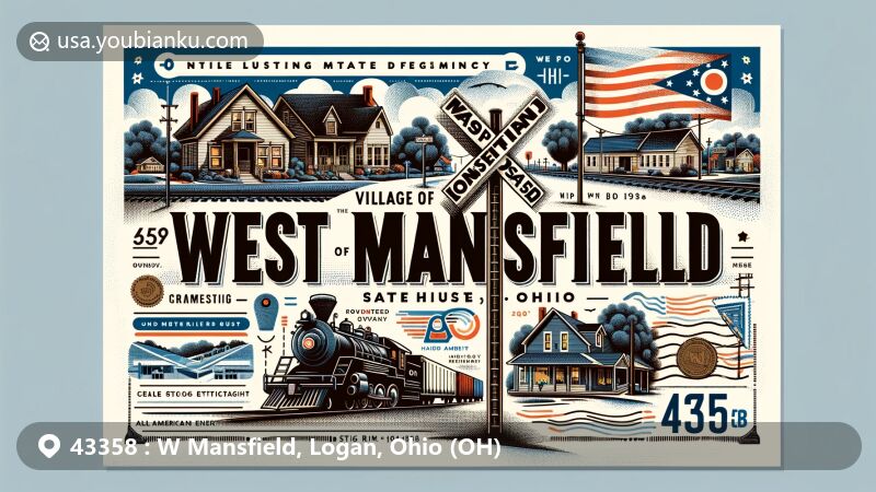 Modern illustration of West Mansfield, Logan County, Ohio, emphasizing State Route 47 and CSX railway line, integrating All American Energy's gas lines, with postal elements and ZIP code 43358, subtly showcasing the Ohio state flag.