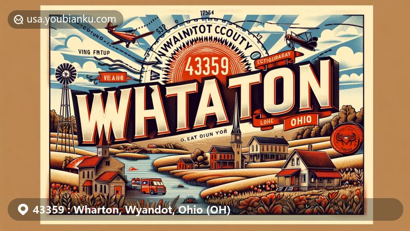 Modern illustration of Wharton, Wyandot County, Ohio, resembling a vintage postcard or air mail envelope, showcasing postal theme with ZIP code 43359, incorporating county outline and Ohio symbols.