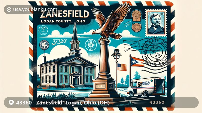 Modern illustration of Zanesfield, Logan County, Ohio, highlighting postal theme with ZIP code 43360, featuring historical markers related to Isaac Zane, the White Eagle of the Wyandots, showcasing peace efforts between Native Americans and settlers, alongside Ohio's geographical beauty.