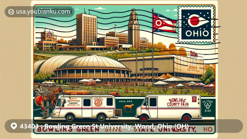 Modern wide-format illustration of Bowling Green State University, Wood County, Ohio, highlighting Stroh Center, BGSU Fine Arts Center, Wood County Fair, and Ohio state flag, with postal theme and elements of postal van, stamp, and postcard, symbolizing communication and connections.