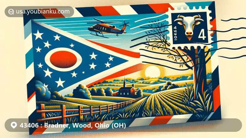 Modern illustration of Bradner, Wood, Ohio, with ZIP code 43406, featuring Ohio state flag, Bradner Preserve's natural landscapes, and postal elements.