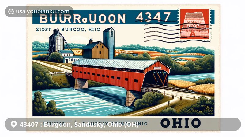 Modern illustration of Burgoon, Sandusky County, Ohio, featuring Mull Covered Bridge and community grain elevator, surrounded by lush landscapes and farmlands typical of Ohio, with stylized postal elements including a postal stamp with ZIP code 43407.