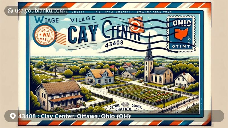 Modern illustration of Clay Center, Ottawa County, Ohio, featuring a postal theme with ZIP code 43408, showcasing the village's small population, close-knit community vibe, and picturesque setting.