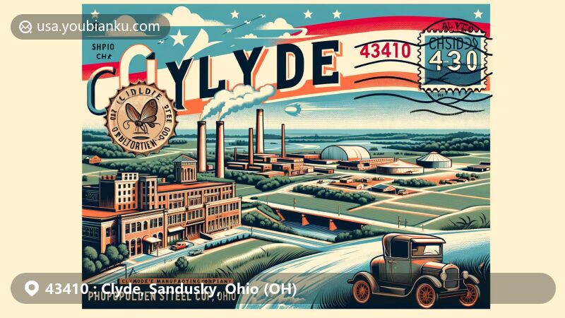 Modern illustration of Clyde, Ohio, highlighting town's history and landmarks, including Whirlpool Corporation factory, vintage automobile, and Ohio state flag, with postal elements like stamps, postmark 'Clyde, OH 43410,' and antique mailbox.