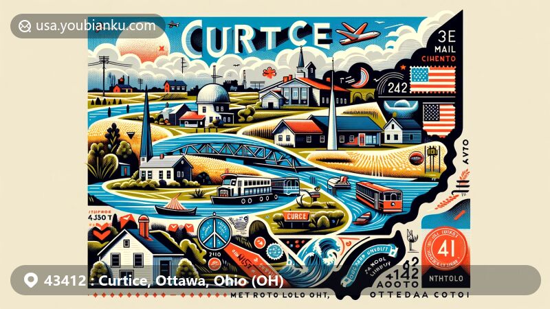 Modern illustration of Curtice, Ottawa County, Ohio, featuring postal theme with ZIP code 43412, showcasing local community and rural essence within Lucas and Ottawa counties, with subtle nods to educational and socio-economic aspects.