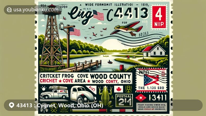 Modern illustration of Cygnet, Wood County, Ohio, featuring Cricket Frog Cove Area with fishing spot and nature trails, historical nod to Pleasant View and oil boom era, postal theme with ZIP code 43413, blend of modern and traditional postal symbols, Ohio state flag, and Wood County map outline.
