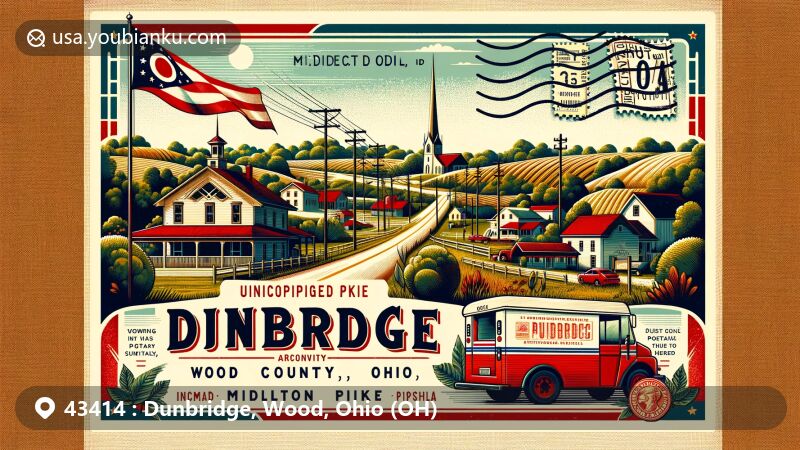 Modern illustration of Dunbridge, Wood County, Ohio, featuring Middleton Pike and postal elements with ZIP code 43414, blending natural and architectural beauty of the region.
