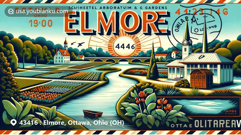 Modern illustration showcasing Elmore, Ohio with ZIP code 43416, featuring Schedel Arboretum and Gardens, Portage River, vintage postmark, Ohio state flag, and postal motifs.