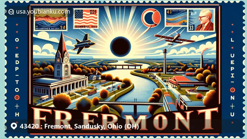 Modern illustration of Fremont, Sandusky County, Ohio, featuring regional charm and postal elements, showcasing Sandusky River, Rutherford B. Hayes Presidential Center, Don W. Miller Memorial Park, and upcoming total solar eclipse in 2024.