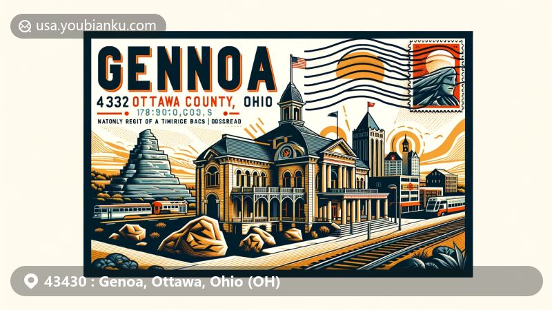 Modern illustration of Genoa, Ottawa County, Ohio, featuring Genoa Opera Hall and limestone imagery, with representations of Great Black Swamp and railroad. Includes postcard elements like Ohio's state flag and incorporation date postmark, highlighting ZIP code 43430.