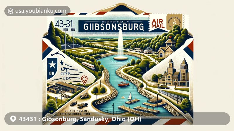 Modern illustration of Gibsonburg, Sandusky County, Ohio, showcasing postal theme with ZIP code 43431, featuring Tree City USA, White Star Quarry, Williams Park, and village history.