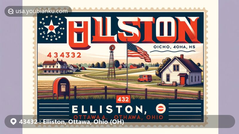 Modern illustration of Elliston, Ottawa County, Ohio, portraying postal theme with ZIP code 43432, showcasing local charm and natural beauty, including serene rural landscapes and iconic Ohio symbols.