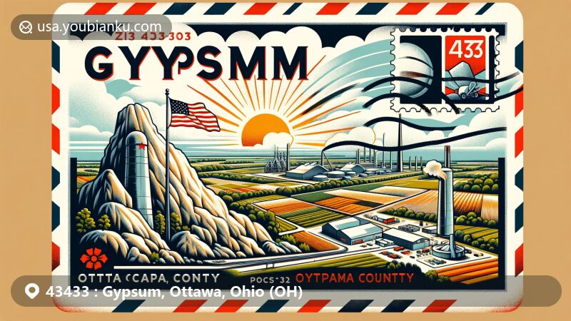 Modern illustration of Gypsum, Ottawa County, Ohio, with gypsum rock formations, ZIP code 43433, Ohio state flag, agricultural elements, post stamp, and postmark, representing the region's history and industry.