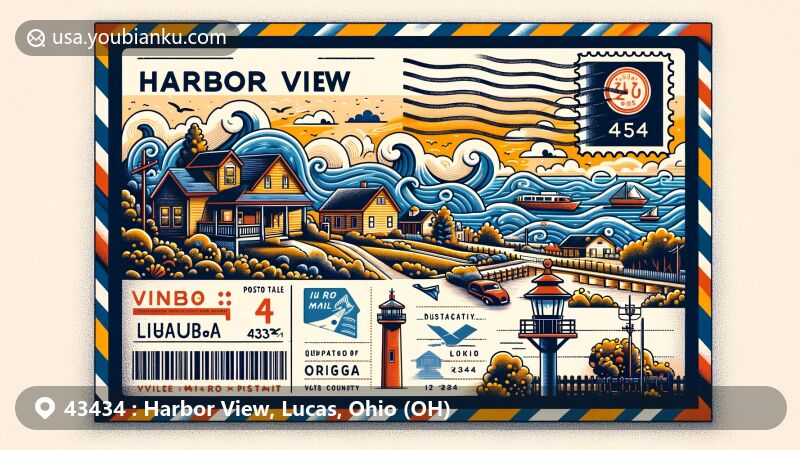 Modern illustration of Harbor View, Ohio, showcasing postal theme with ZIP code 43434, featuring postcard elements and postage stamps.