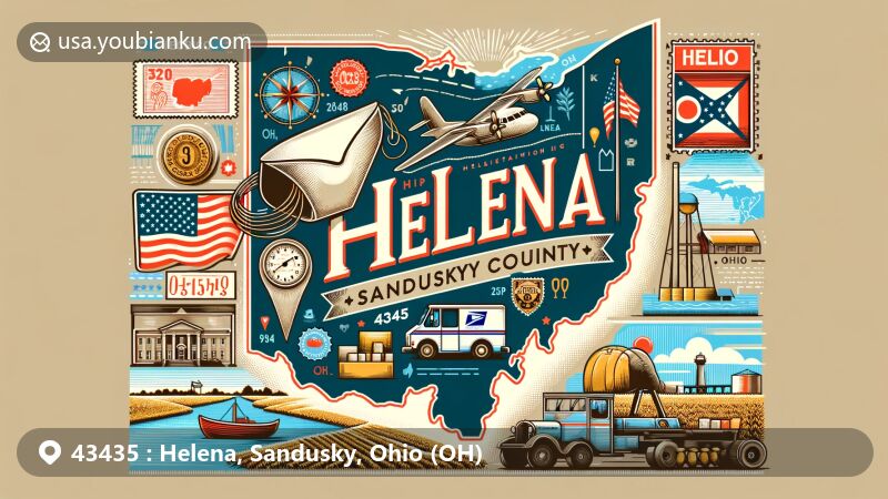 Modern illustration of Helena, Ohio, Sandusky County, showcasing postal theme with ZIP code 43435, featuring state and county outlines, vintage air mail envelope, stamps, postal truck, and map pinning location. Subtle Ohio elements like state flag and Lake Erie representation in background.