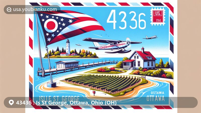 Modern illustration of Isle St George, Ottawa County, Ohio showcasing North Bass Island's natural beauty, vineyards, and unique status as an unincorporated area in Lake Erie. State flag subtly integrated, emphasizing Ohio's identity, framed in retro airmail envelope design featuring small plane representing North Bass Island Airport, North Bass Island School symbolizing Ohio's last public single-room schoolhouse, PO Box for postal service, and grape vine or grapes reflecting island's vineyard history. Balanced composition vividly highlights Isle St George's distinctiveness within Ohio.