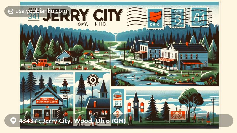 Captivating illustration of Jerry City, Ohio, portraying rural charm and local life, featuring forests, small shops, outdoor activities like hiking and fishing, and connecting with nearby cities. Includes postal elements with ZIP code '43437', a postcard layout, and the Jerry City post office building.