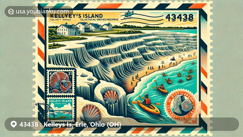 Modern illustration of Kelleys Island, Erie County, Ohio, highlighting Glacial Grooves Geological Preserve with unique limestone formations and marine fossils, showcasing Kelleys Island State Park and historical limestone production.