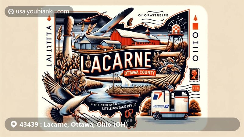 Modern illustration of Lacarne, Ottawa County, Ohio, representing ZIP code 43439, featuring Ottawa County outline, Little Portage River Wildlife Area, and vintage postal elements. Encompassing Erie Township's agriculture and history, with air mail envelope, stamps, and 'Lacarne, OH 43439' postal mark.