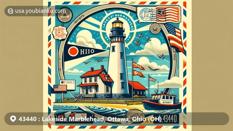 Modern illustration of Lakeside Marblehead, Ohio, Ottawa County, featuring postal theme with ZIP code 43440, including iconic Marblehead Lighthouse and vintage postcard elements.