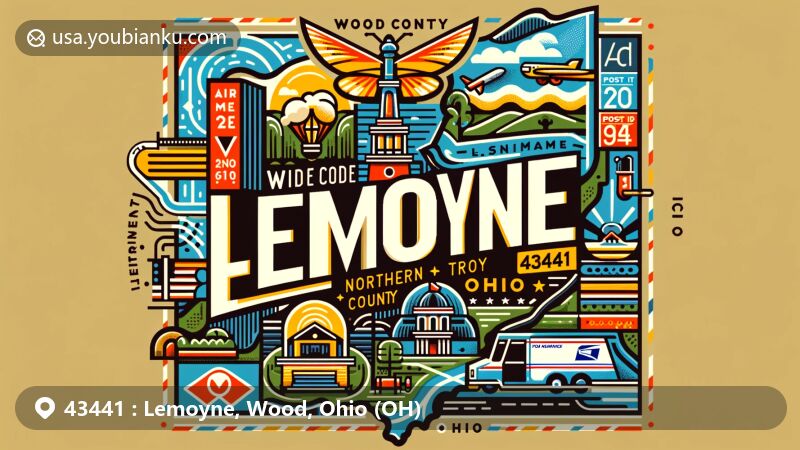 Modern illustration of Lemoyne, Wood County, Ohio, showcasing postal theme with ZIP code 43441, featuring symbolic landmarks, postal elements such as postcard, stamps, and postal truck.