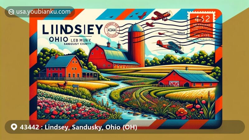 Modern illustration of Lindsey, Ohio, featuring Creek Bend Farm Park and iconic red barns surrounded by vibrant flower fields, with Muddy Creek meandering through the landscape, enclosed in an air mail envelope with ZIP code 43442 and a vintage postmark.