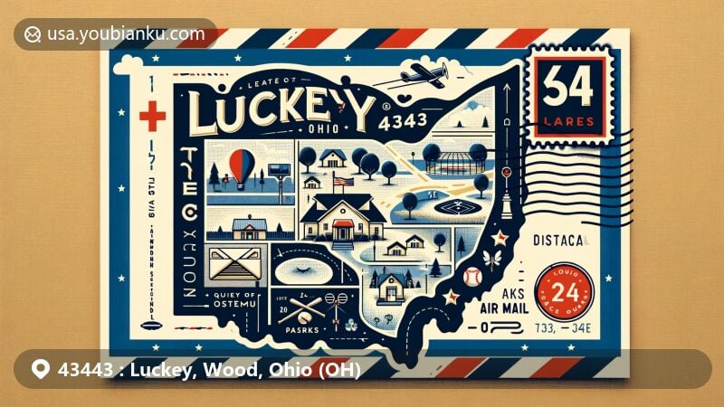 Modern illustration of Luckey, Ohio, featuring a creative postcard design for ZIP code 43443, showcasing the Ohio state flag, a map of Luckey with park icons, and visual elements representing the Luckey Fall Festival and postal theme.