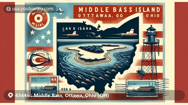 Modern illustration of Middle Bass Island, Ohio, featuring postal theme with ZIP code 43446, showcasing iconic island outline in Lake Erie and Ohio state flag.