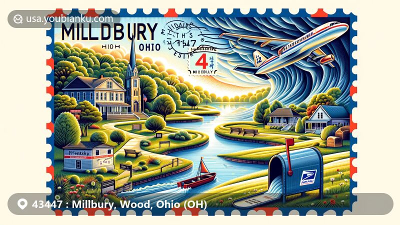 Modern illustration of Millbury, Ohio, highlighting Friendship Park's peaceful oasis, 2010 tornado resilience, and 43447 postal theme, featuring iconic landmarks and postal elements.
