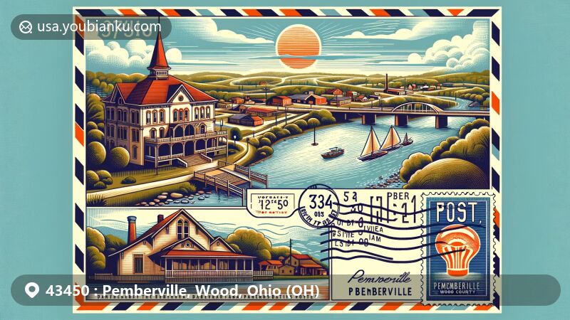 Modern illustration of Pemberville, Wood County, Ohio, featuring scenic view and Portage River's historical importance as a water route, showcasing Pemberville Opera House and postal theme with ZIP code 43450.