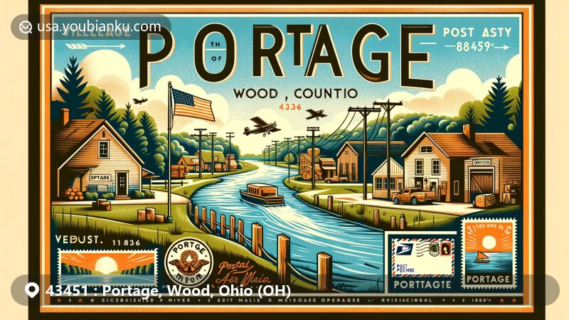 Modern illustration of Portage, Wood County, Ohio, highlighting postal theme with ZIP code 43451, featuring Portage River and vintage postal elements.
