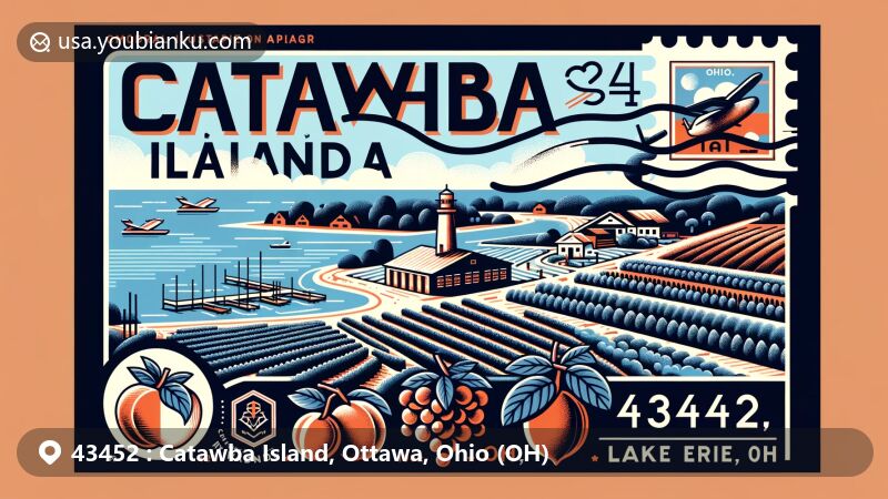 Modern illustration of Catawba Island, Ohio, capturing the scenic coast of Lake Erie, peach orchards, and vineyards.