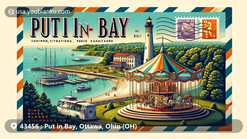 Creative illustration of Put-in-Bay, Ohio, featuring modern postal theme with vintage air mail envelope elements, showcasing Perry's Victory and International Peace Memorial, South Bass Island Lighthouse, Herschel carousel, and Isle des Fleurs heritage.