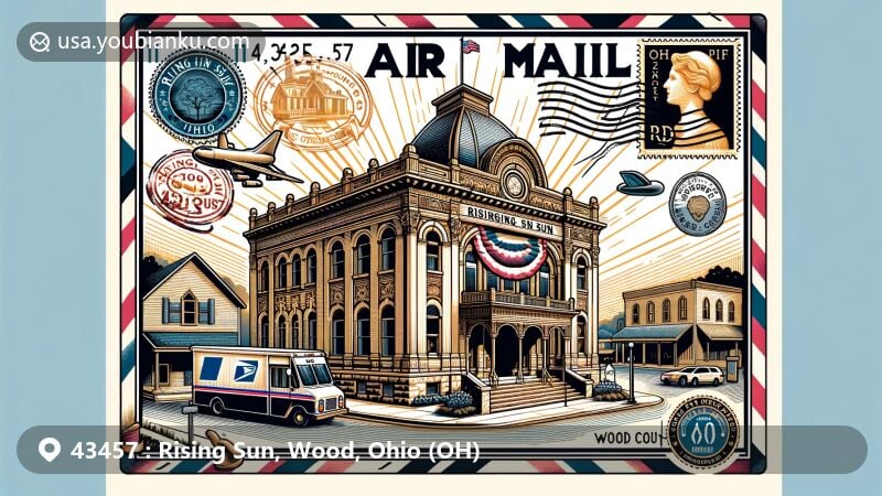Modern illustration of Rising Sun, Ohio, Wood County, capturing postal and regional essence with focus on the historic Rising Sun Opera House, framed in a vintage air mail envelope.