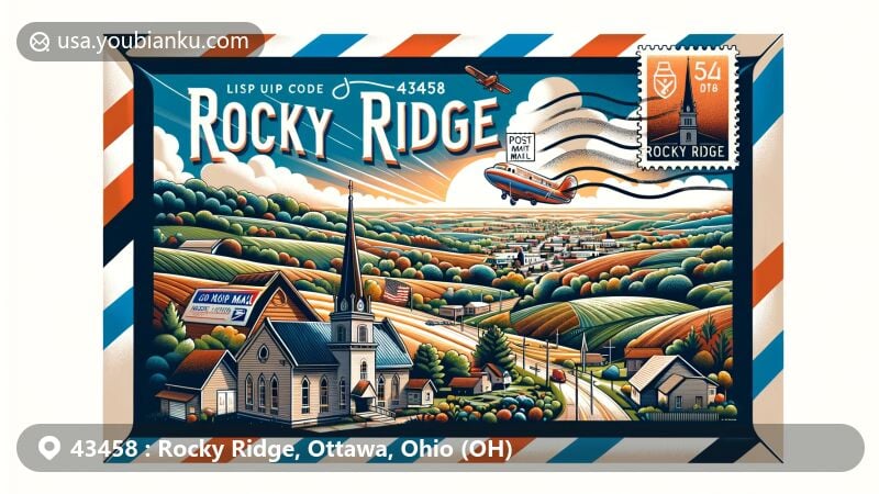 Modern illustration of Rocky Ridge, Ohio, showcasing postal theme with ZIP code 43458, featuring village's charm, community spirit, former St. John's Lutheran Church, vintage air mail envelope, and postal elements.